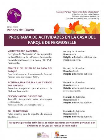 Actividades de  diciembre 2024. en la Casa del Parque de Fermoselle