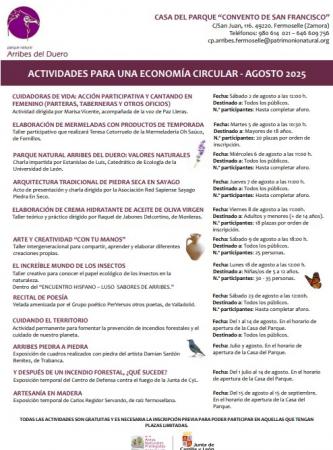 Programa de actividades, agosto 2025 Casa del Parque de Fermoselle